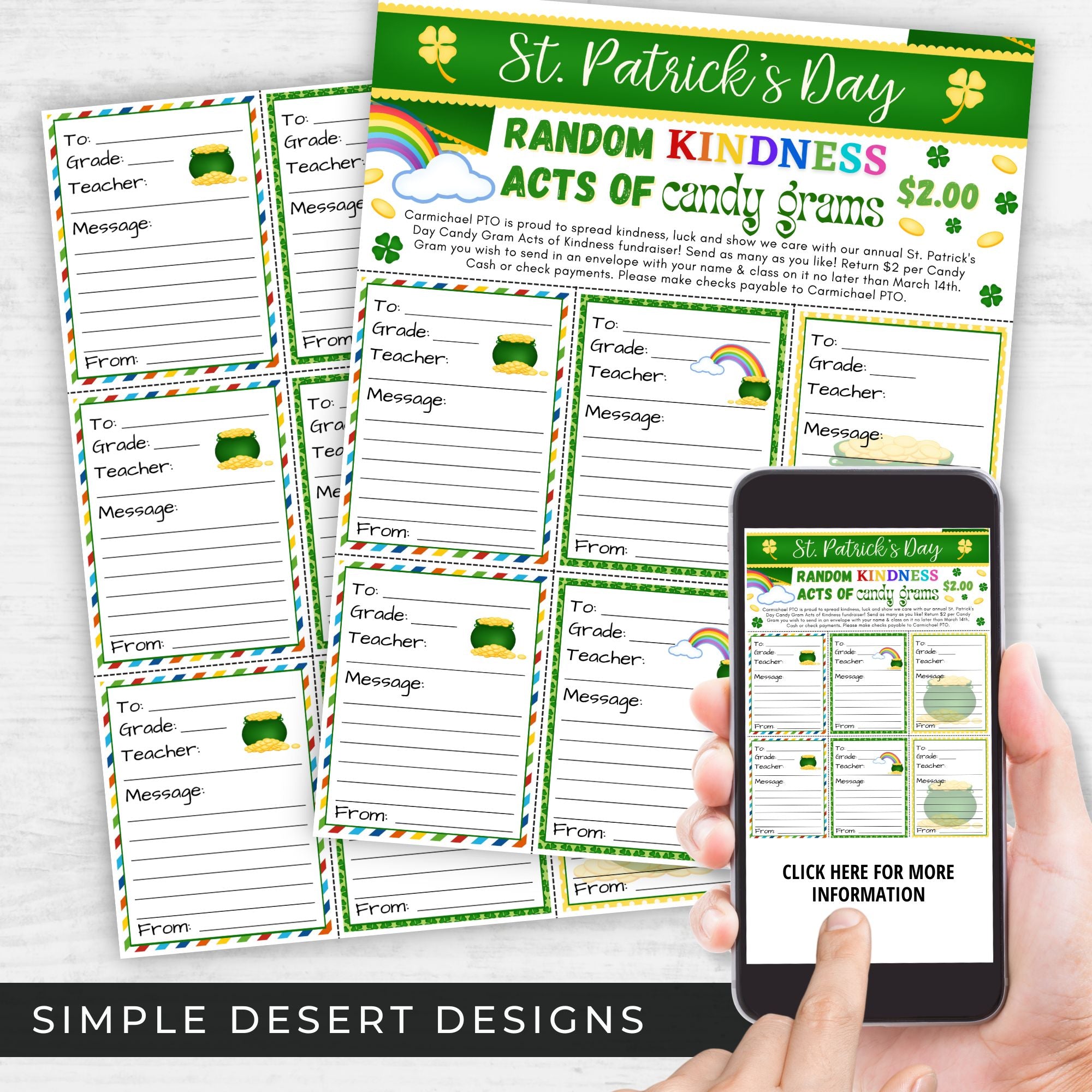 St. Patrick's Day themed random kindness acts of candy grams with a smartphone displaying the design.