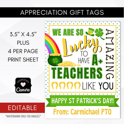 Teacher appreciation St Patricks tags