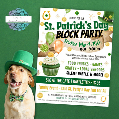 St. Patrick's Day Block Party Invitation Flyer with cute dog in leprechaun hat and bowtie