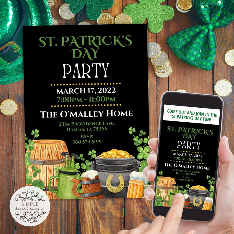 modern adults only st patricks day drinking party invitation