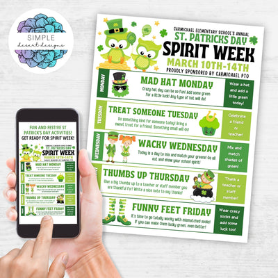 fun customizable spirit week flyer for St. Patrick's Day week itinerary