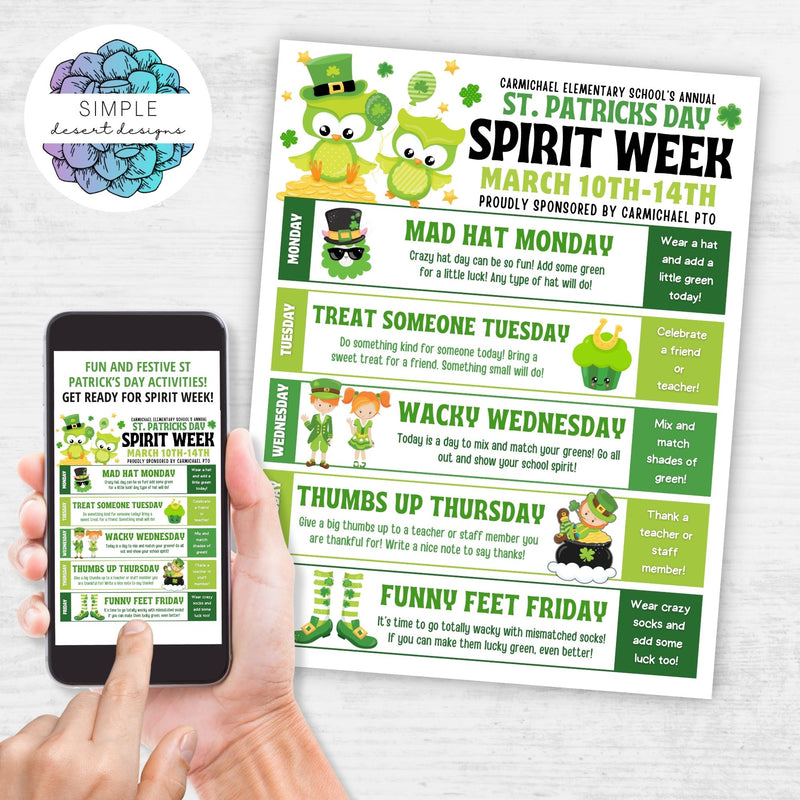 fun customizable spirit week flyer for St. Patrick&