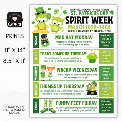customizable spirit week schedule for st patricks day