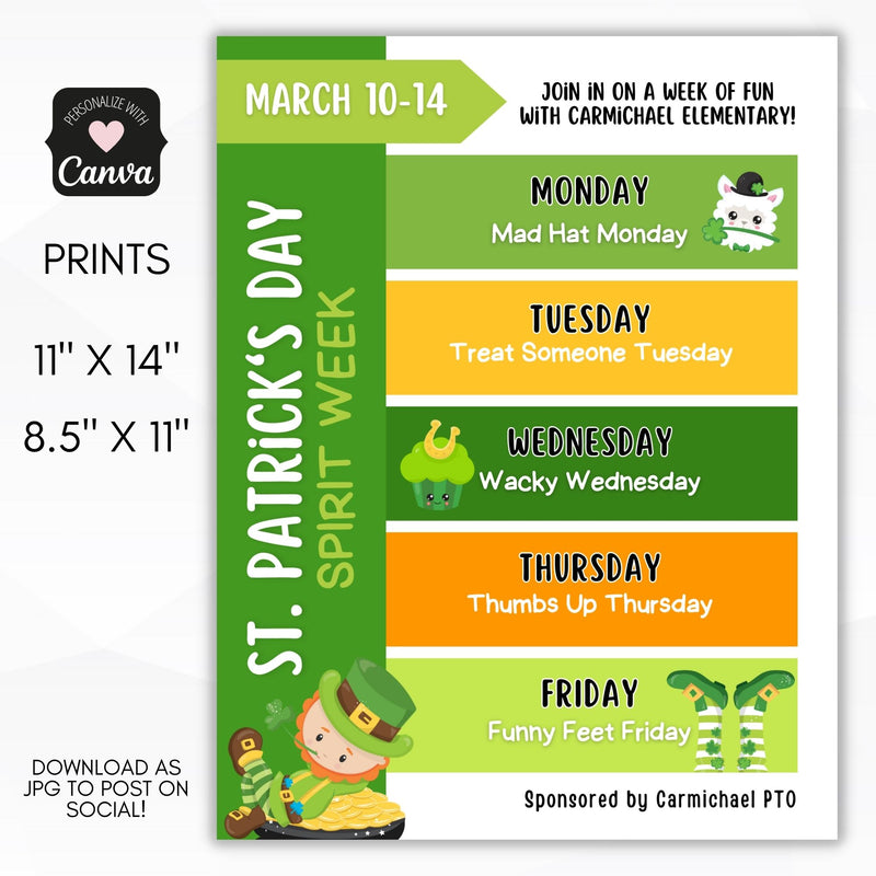 cute and colorful st patricks day week of activities schedule