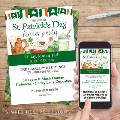 st. patrick's day dinner party invitation printed and e invite for traditional bangers and mash irish dinner