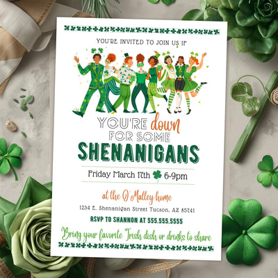 St. Patrick's Day themed invitation with retro style people dressed like leprechauns on a decorative background with shamrocks.