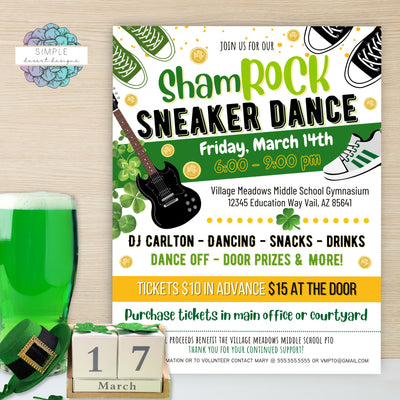 St Patricks Day Sham-rock Sneaker Dance Flyer for School Fundraiser or Party