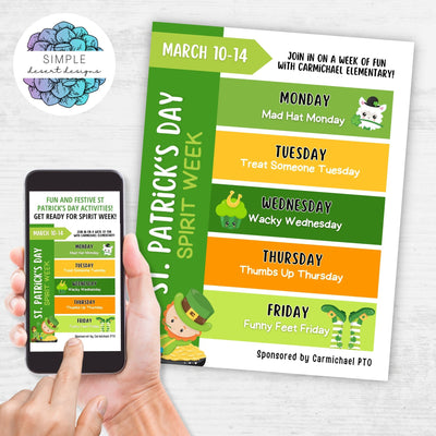 customizable st patricks spirit week schedule in digital and printed formats