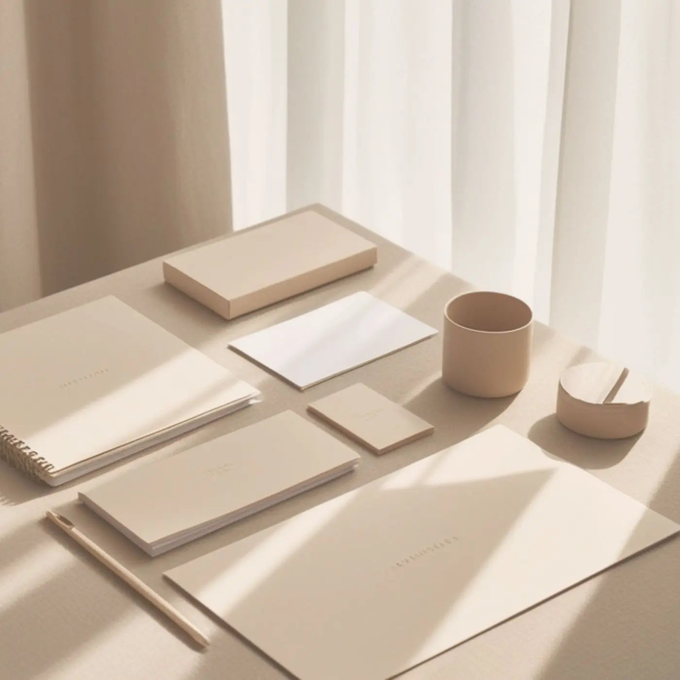 Beige office supplies including notebooks, a pen, and a cup on a light surface with soft lighting representing a collection of printable and digital stationery and journal papers created by Simple Desert Designs.