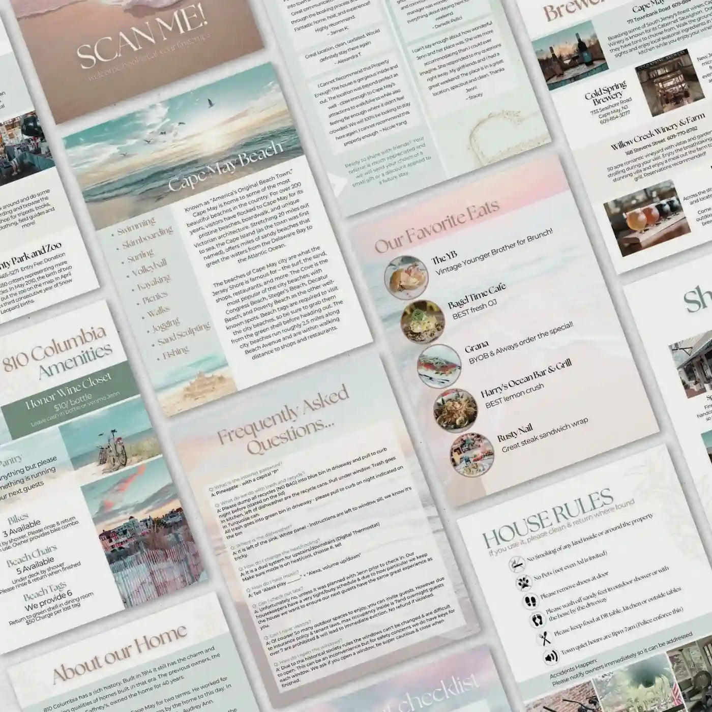 Collage of various pages from a travel guide or brochure with text and images representing editable welcome book template bundles for short term rental hosts and real estate agents by Simple Desert Designs.