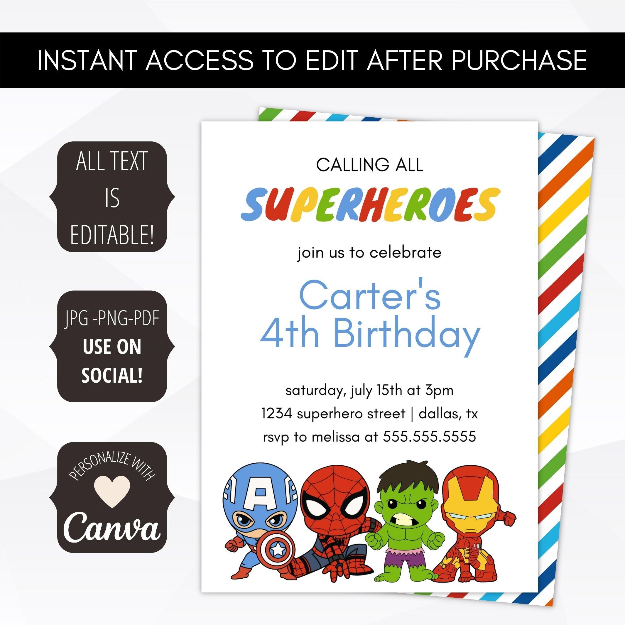 spiderman hulk ironman captain america invite template