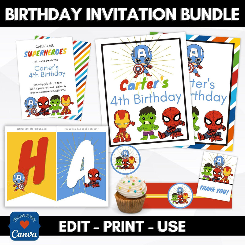 superhero birthday invitation decoration party supply bundle