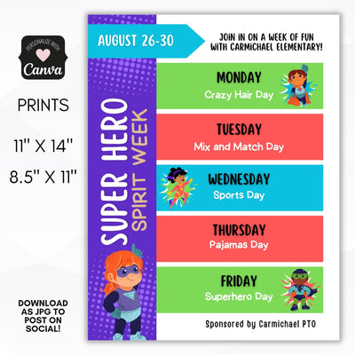 superhero theme spirit week flyer