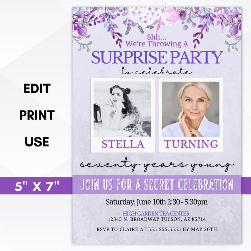 purple surprise party invitation