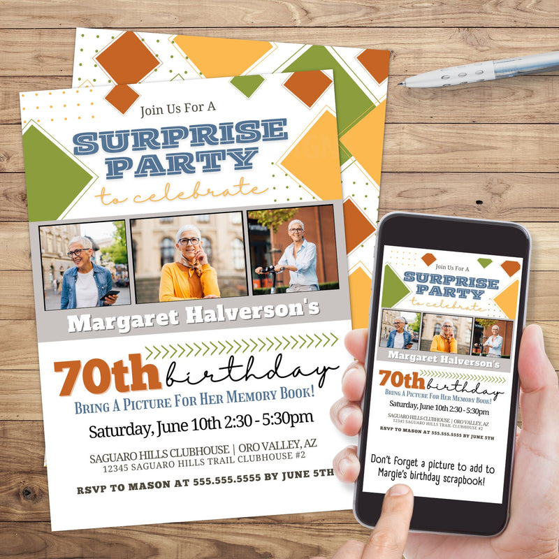 modern customizable 3 photo surprise birthday party invitation for any age
