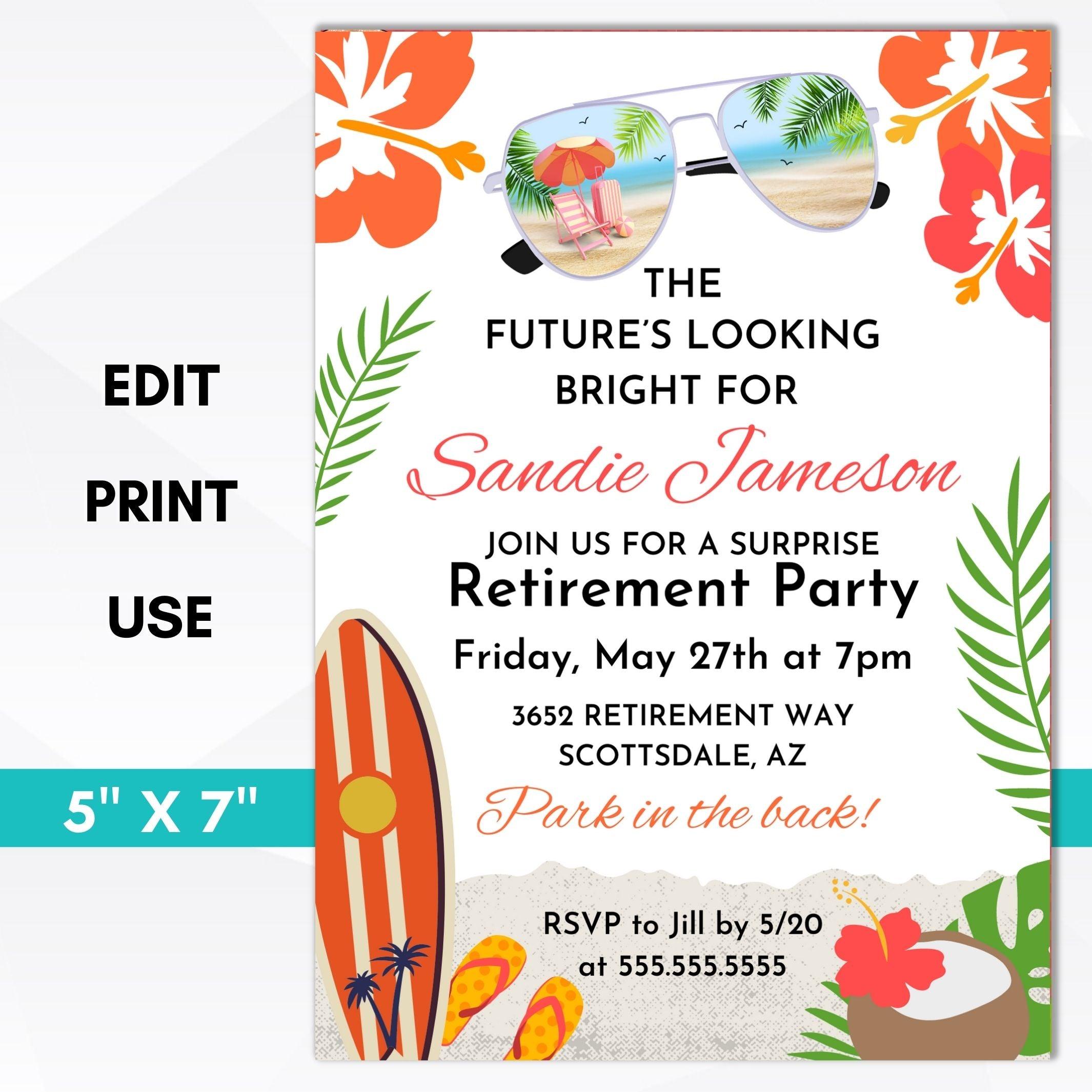 topical beach themed luau surprise retirement party invitation