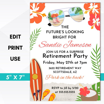 topical beach themed luau surprise retirement party invitation