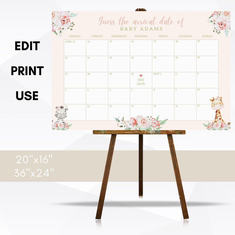 baby girl safari baby shower due date calendar template