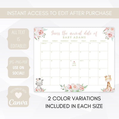 pink floral greenery baby shower due date calendars