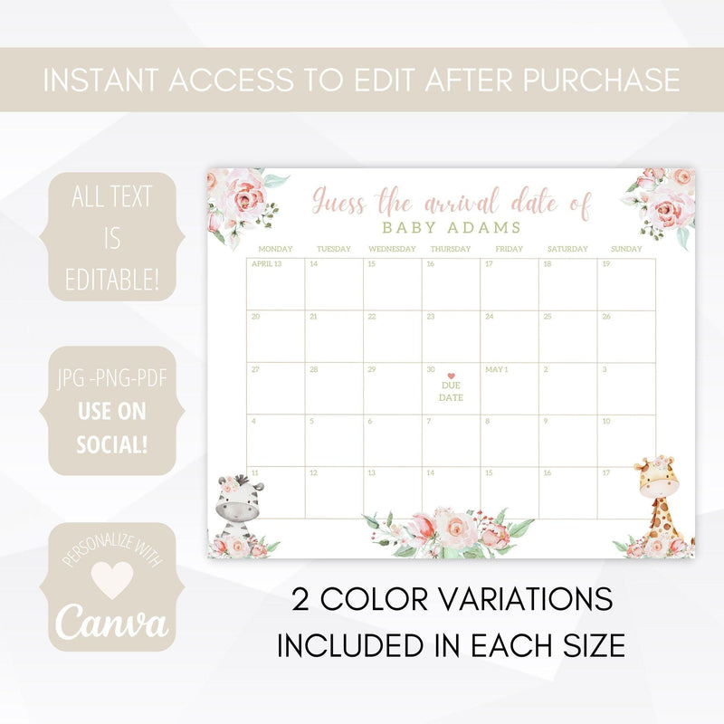 pink floral greenery baby shower due date calendars