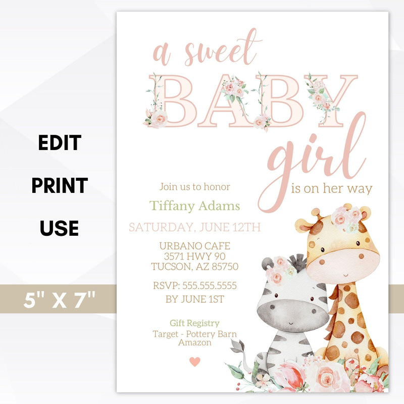 baby girl safari baby shower invite editable template