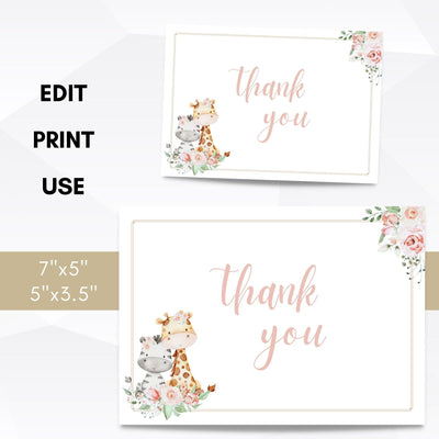 baby girl safari baby shower thank you card template