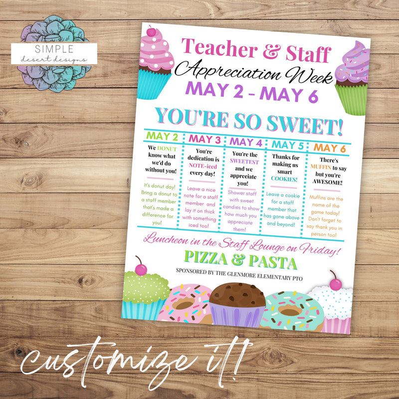 cute sweet treats themed teacher appreciation week sign with cupcakes, muffins and donuts
