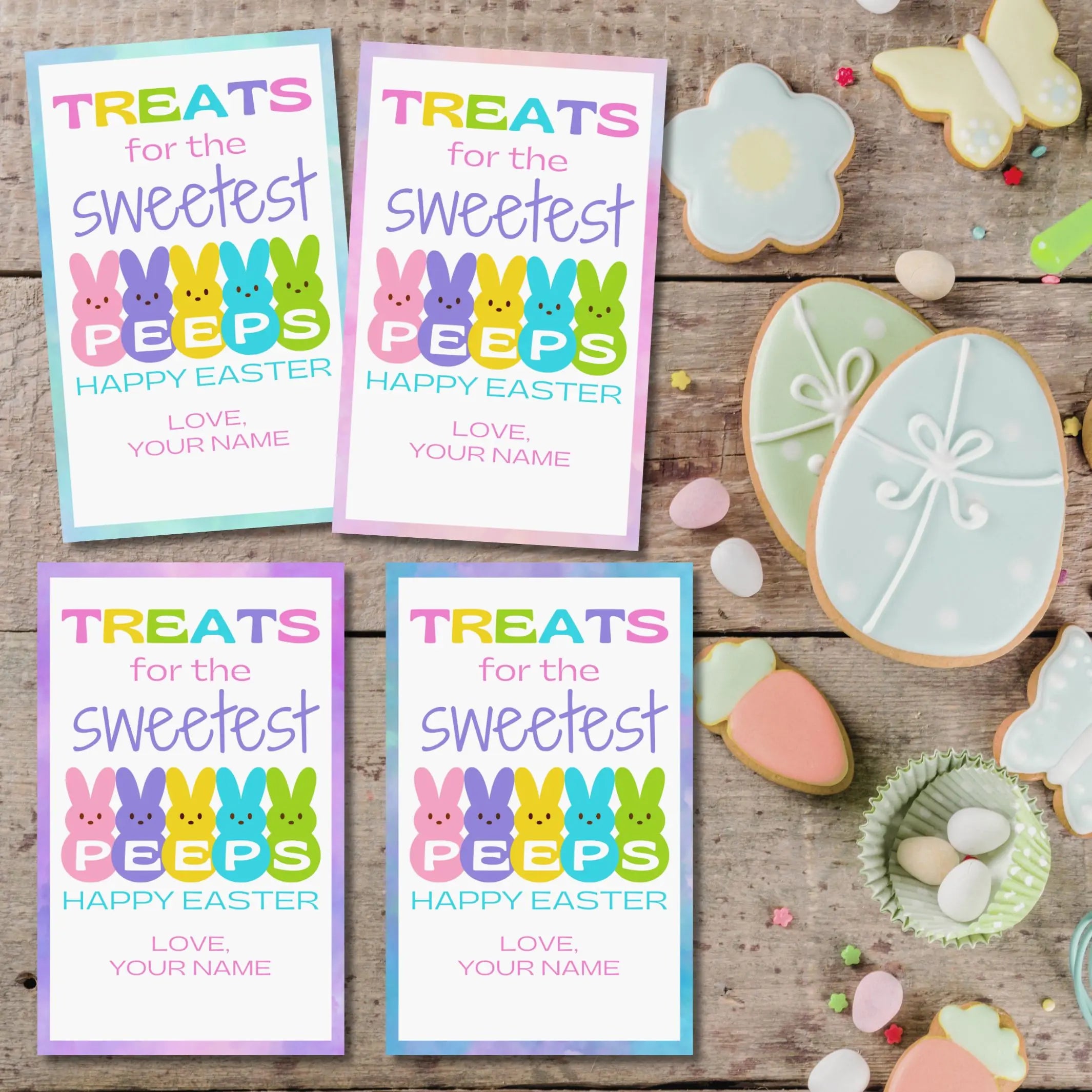 Four colorful peeps themed Easter treat labels with Peeps characters on a wooden surface with Easter cookies with customizable text and signature fields included.