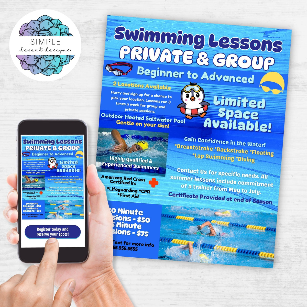 Editable Swim Lesson Flyer & Poster Set - Simple Desert Designs