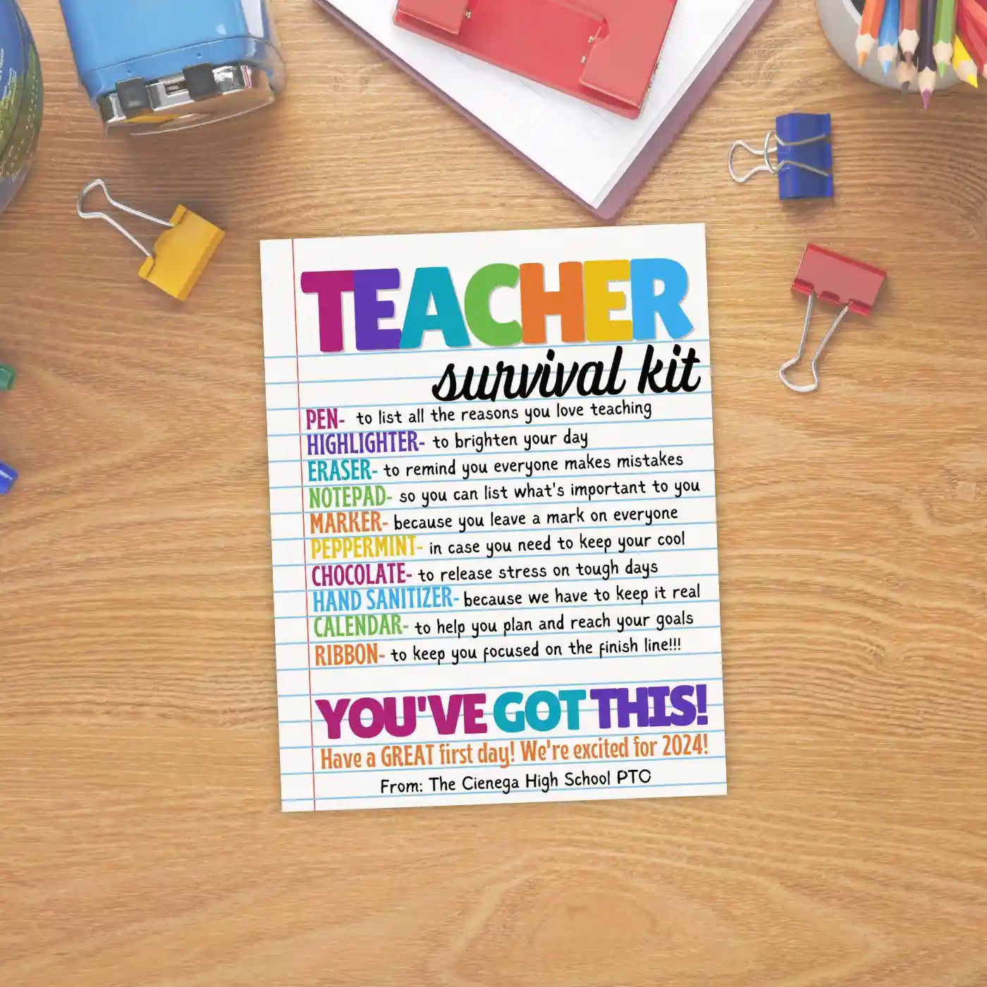 Teacher survival kit list gift tag for back to school or teacher appreciation week on a wooden surface with stationery representing a collection of teacher appreciation event templates for schools, PTOs, parents, and churches created by Simple Desert Designs.