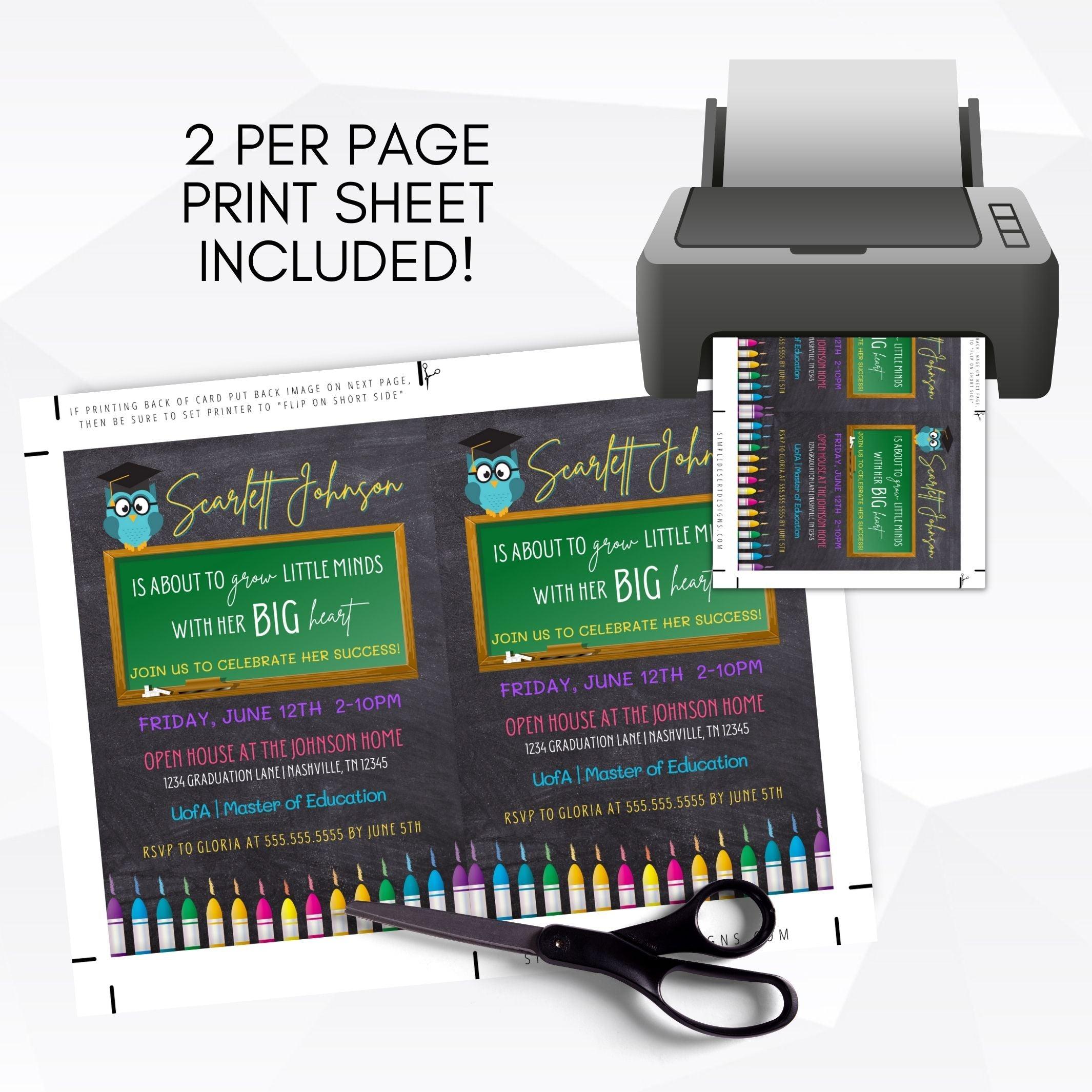 college grad party invite teacher education major apple owl chalkboard