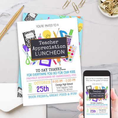 fun colorful school theme teacher appreciation week invitation