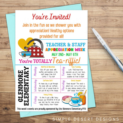 unique teacher appreciation week invitation with cute tea theme because your teachers are totally "tea-riffic"