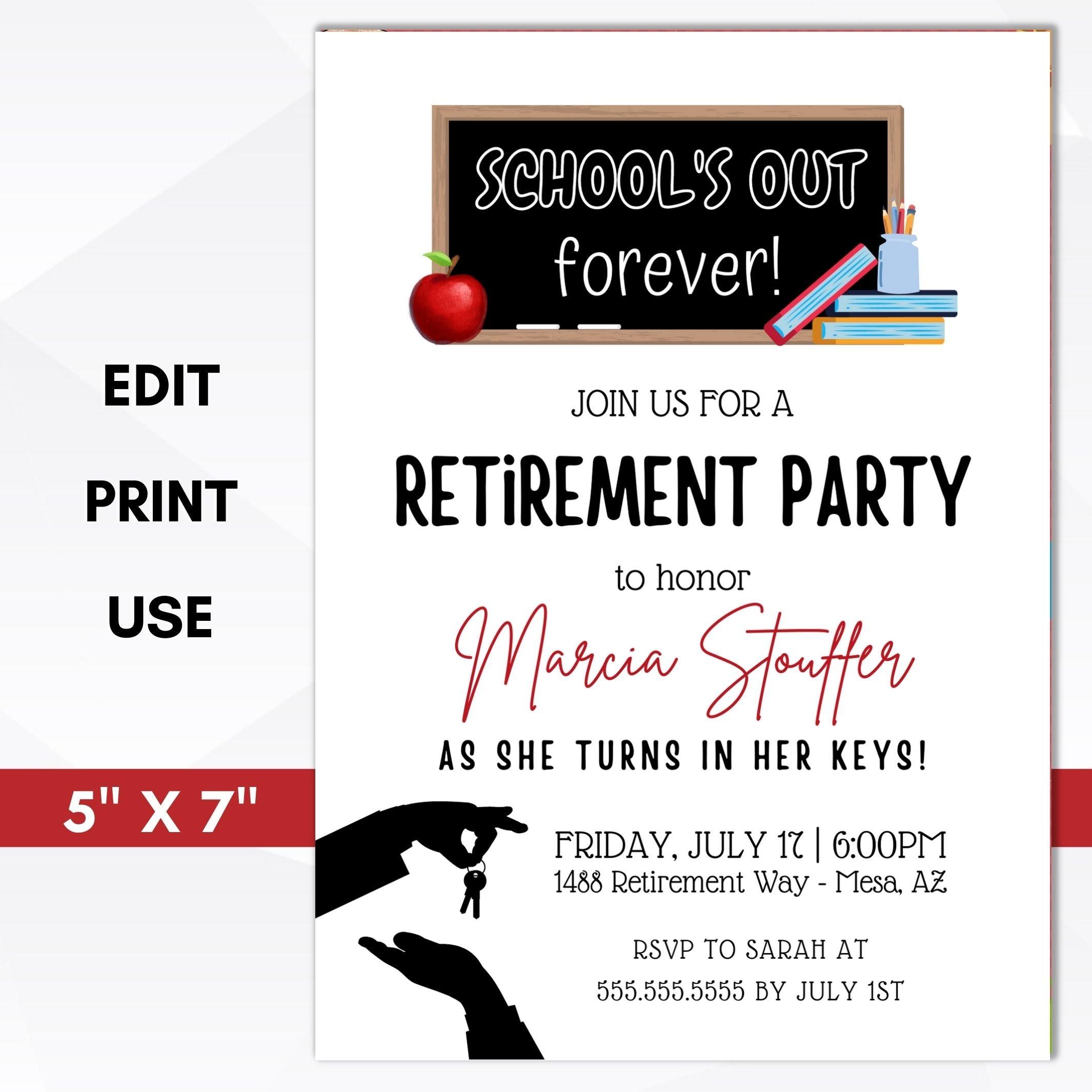 school's out forever class is dismissed teacher principal education retirement celebration party invitation editable template