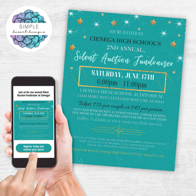 elegant teal and gold silent auction fundraiser flyers set