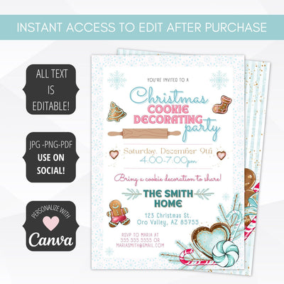 christmas cookie decorating party invitation printed front and back editable template on Canva in jpg png and pdf formats