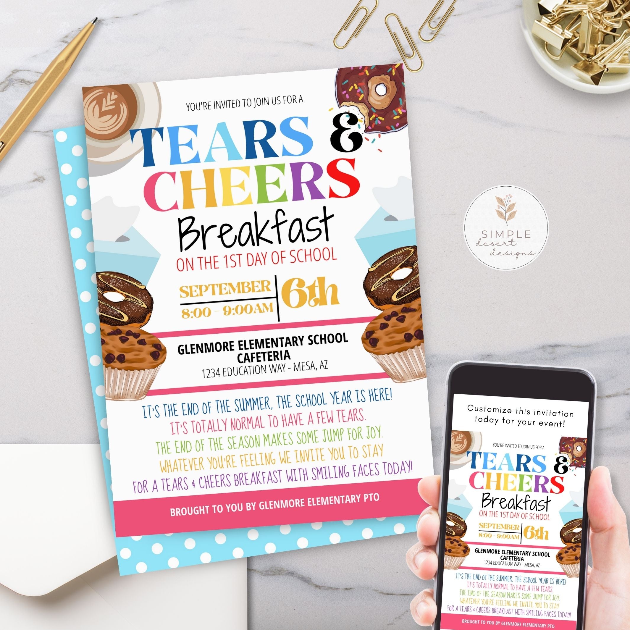 cute pastry and coffee theme tears and cheers breakfast event invitation with colorful font and design for elementary school first day invites on cell phone and printed by simple desert designs