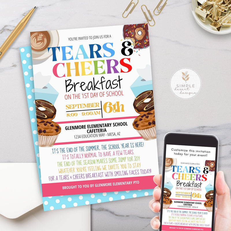 cute pastry and coffee theme tears and cheers breakfast event invitation with colorful font and design for elementary school first day invites on cell phone and printed by simple desert designs