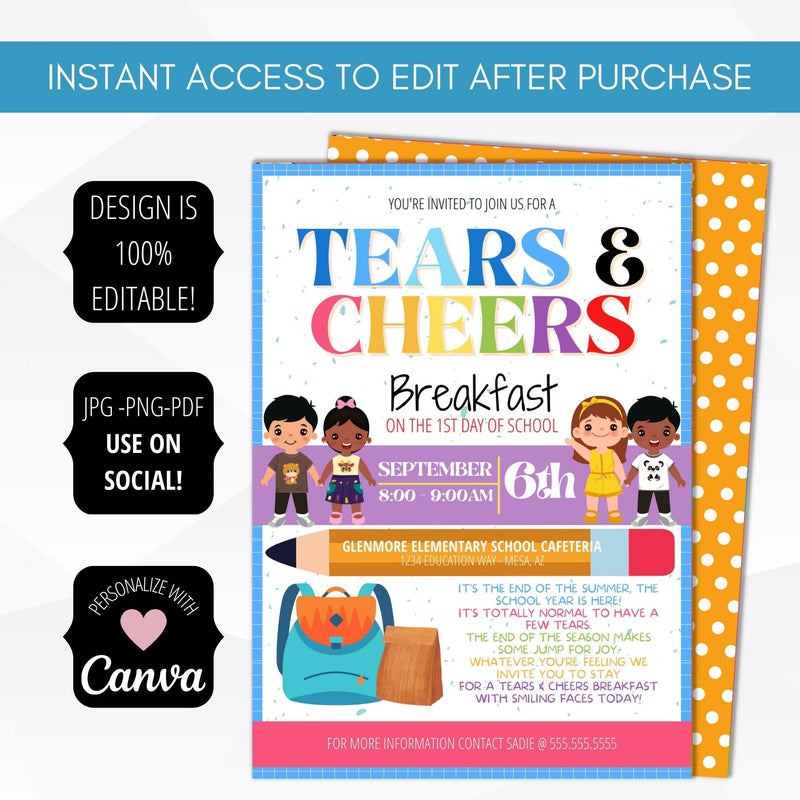 school pto pta ptc 1st day of school tears and cheers invitation editable template digital download