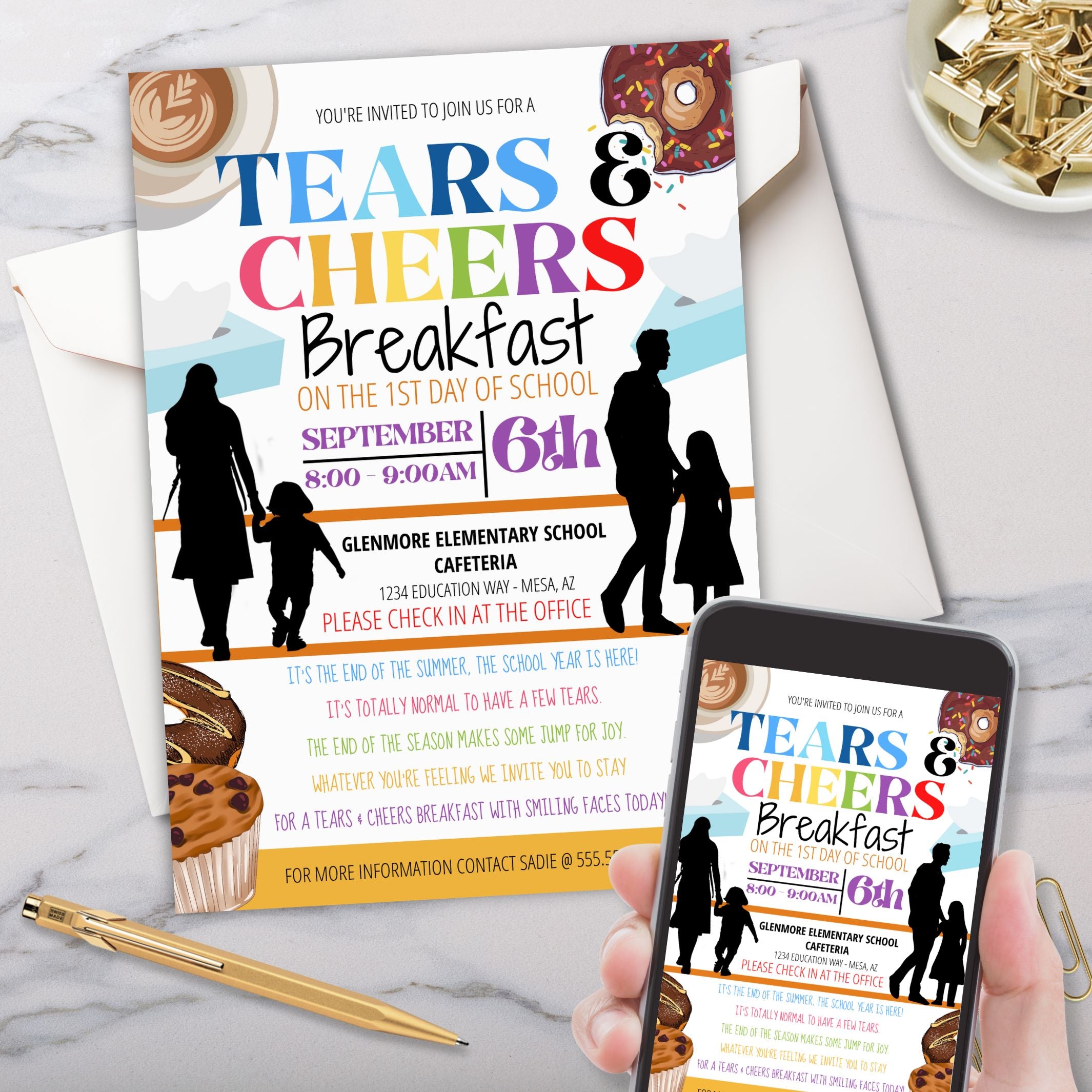 tears and cheers back to school first day breakfast invitation template on cell phone and printed on marble surface with gold pen and paper clips