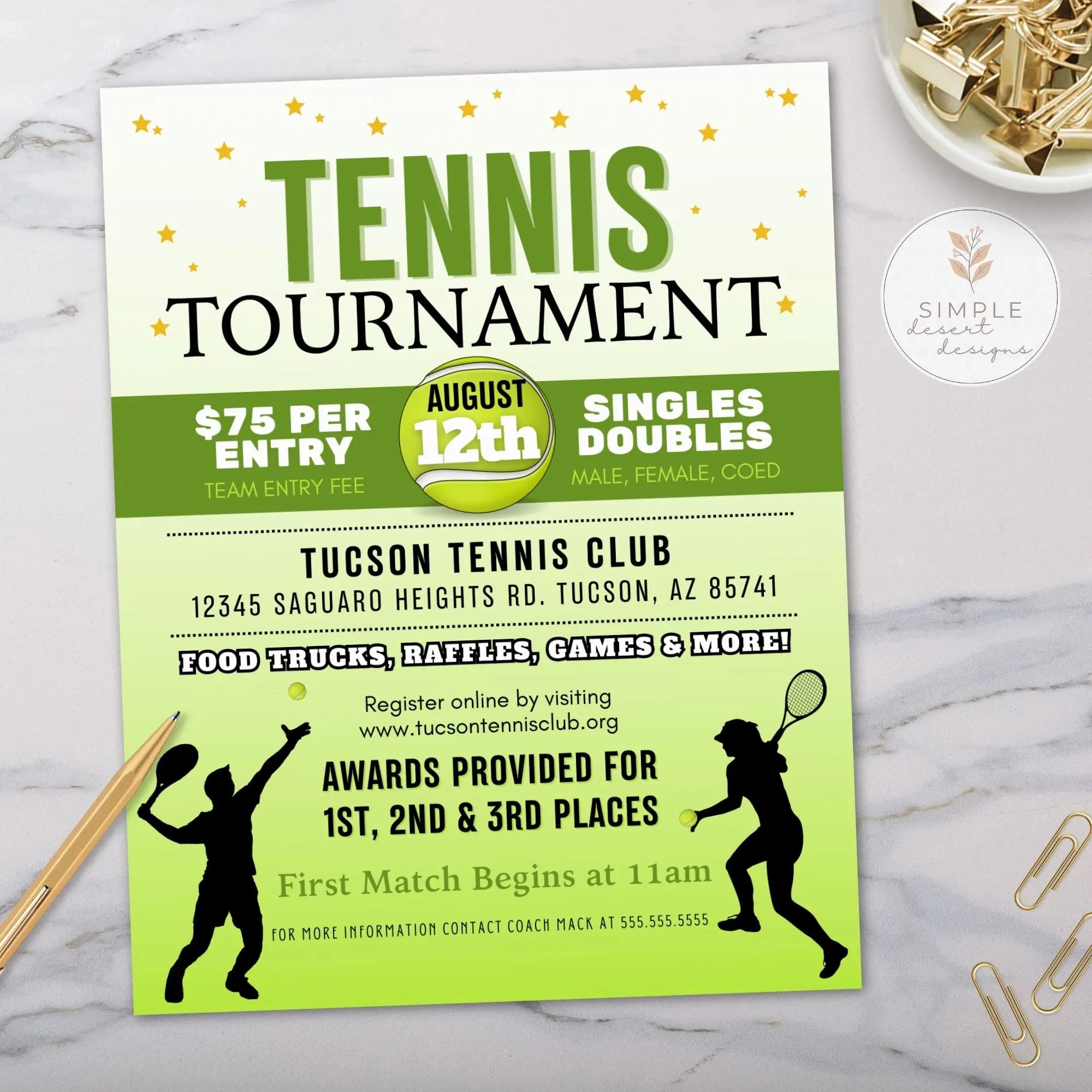 Image of edited tennis tournament flyer in greens with tennis pall and players on marble surface with golf paper clips.