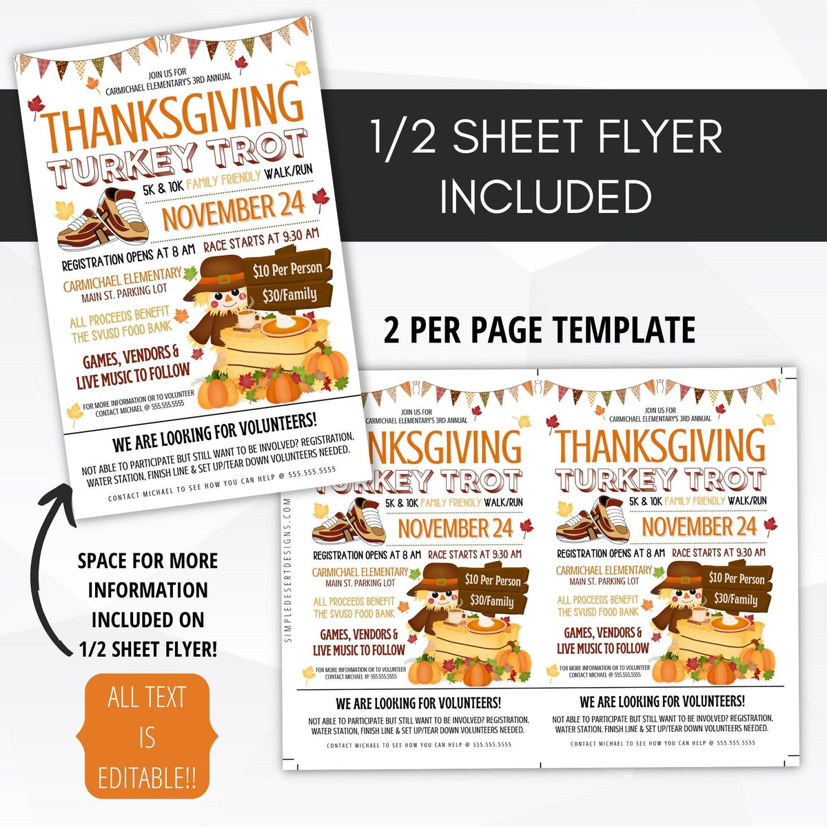 Thanksgiving Fundraiser Flyer Turkey Trot 5K 10K Fun Run Simple
