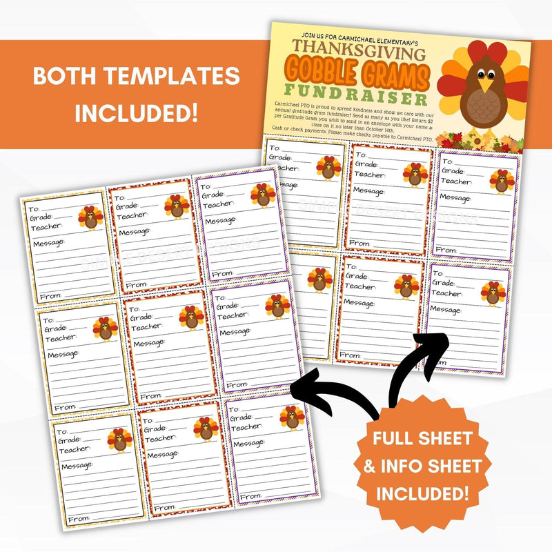 Customizable thanksgiving grams for school or church fundraiser or character building event for kids. Personalize the candy gram template in Canva, send digital and print.