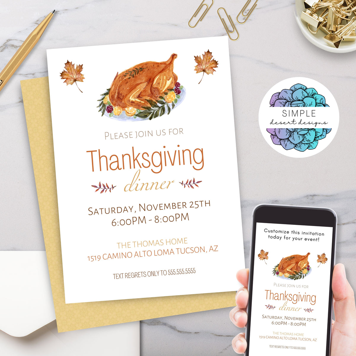 Thanksgiving Turkey Dinner Invitation Template - Simple Desert Designs
