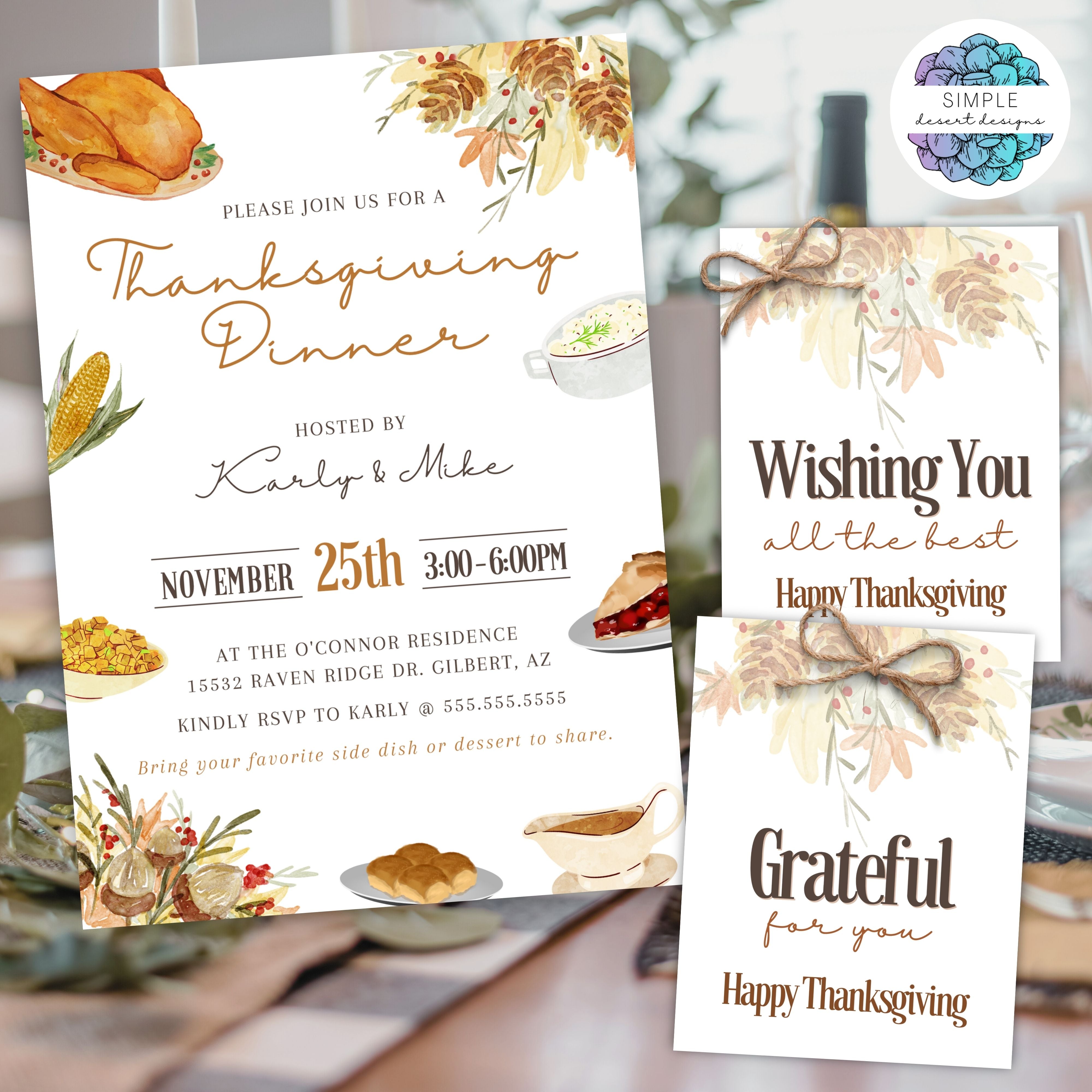 modern thanksgiving dinner invitation with 2 free Happy Thanksgiving Gift Tags with purchase