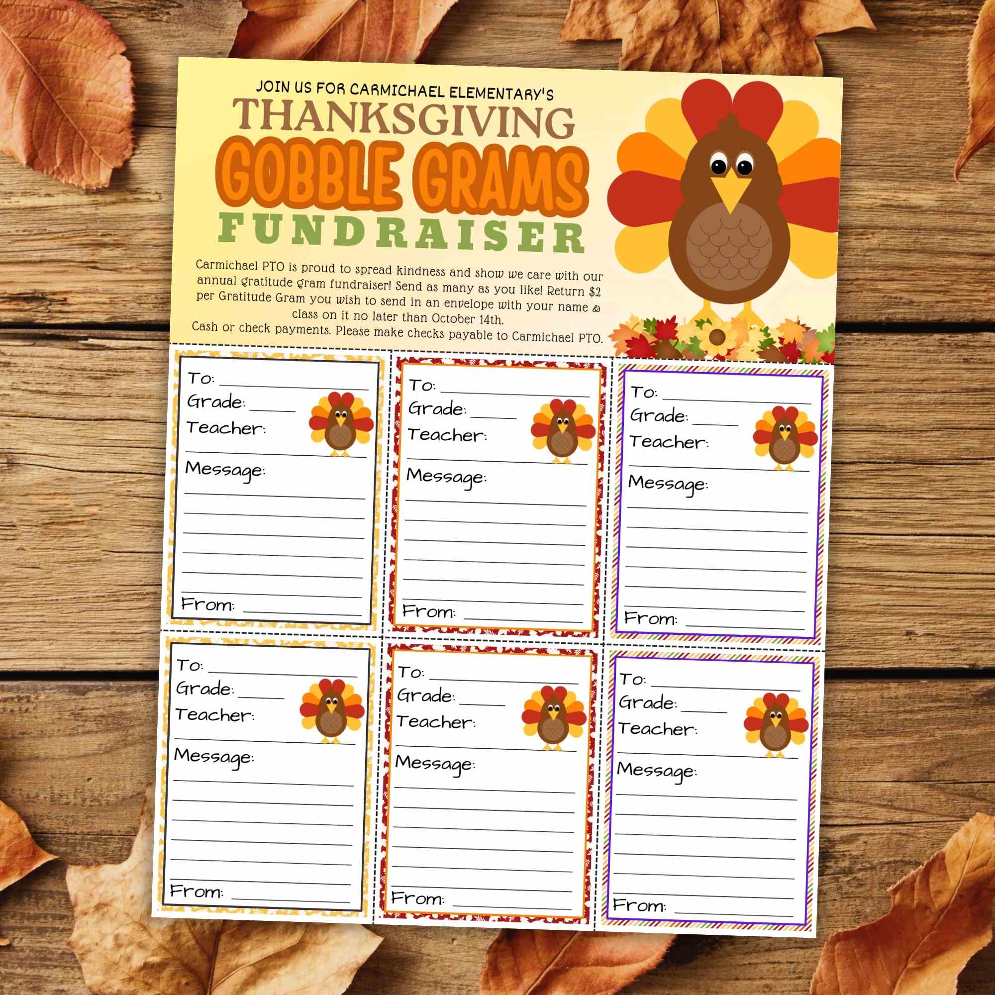 Thanksgiving Gobble Grams Fundraiser flyer template with a turkey design on a wooden background with fall leaves for school or church fall fundraiser or morale booster.