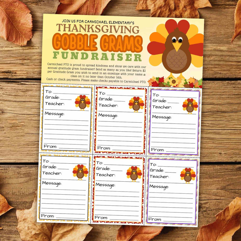 Thanksgiving Gobble Grams Fundraiser flyer template with a turkey design on a wooden background with fall leaves for school or church fall fundraiser or morale booster.
