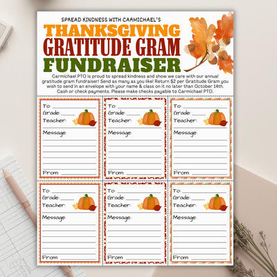 Thanksgiving Gratitude Gram Fundraiser flyer with pumpkins and autumn leaves on a white surface.