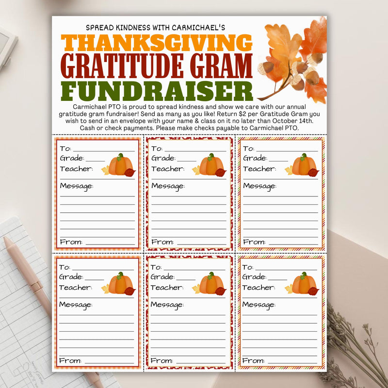 Thanksgiving Gratitude Gram Fundraiser flyer with pumpkins and autumn leaves on a white surface.