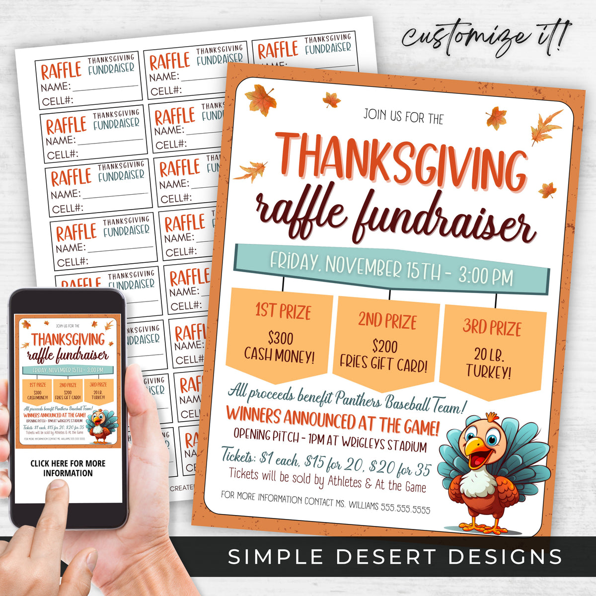 Thanksgiving Raffle Flyer & Ticket Set - Simple Desert Designs